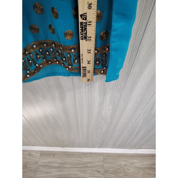 Indian Blue Sequin Jeweled Gold XL Embroidered Tunic Top Turquoise Ornate Saree - Picture 7 of 8